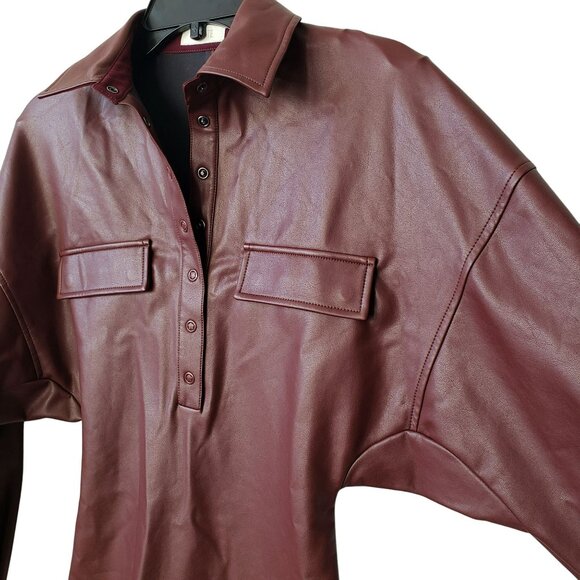 NEW Lapointe Stretch Faux Leather Mahogany Brown Button Front Collar Mini Dress - Picture 12 of 15